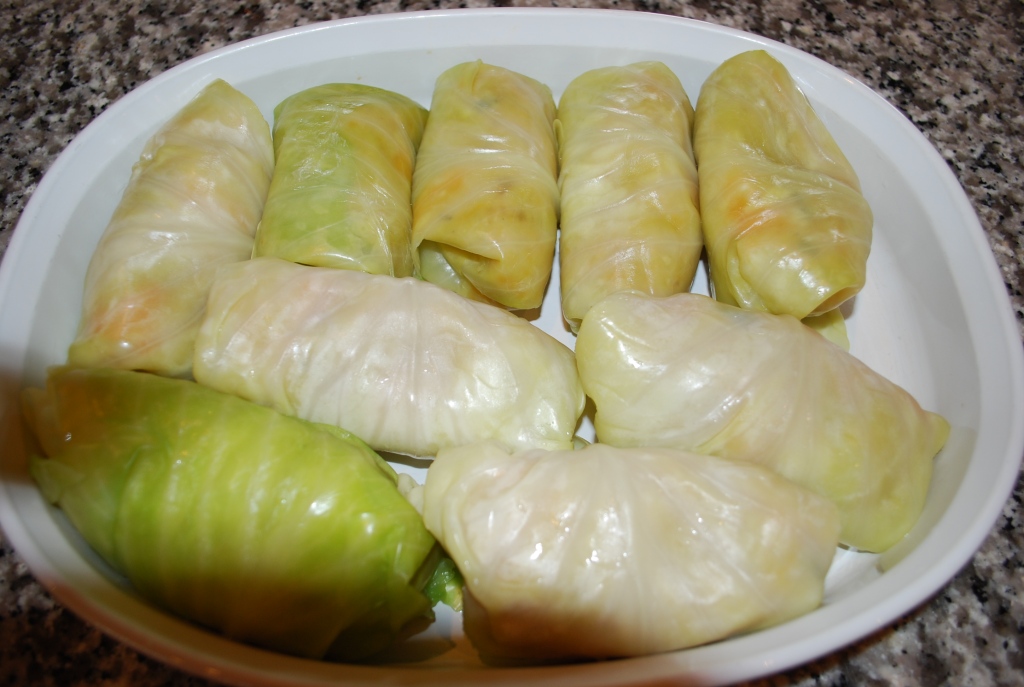Cabbage rolls before the tomato gravy sauce topping